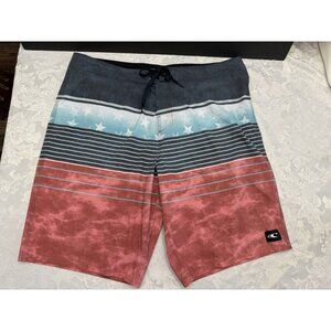 O'Neill Size 38 Heist Red White Blue Stars USA‎ Board Shorts Surf Swim Unlined